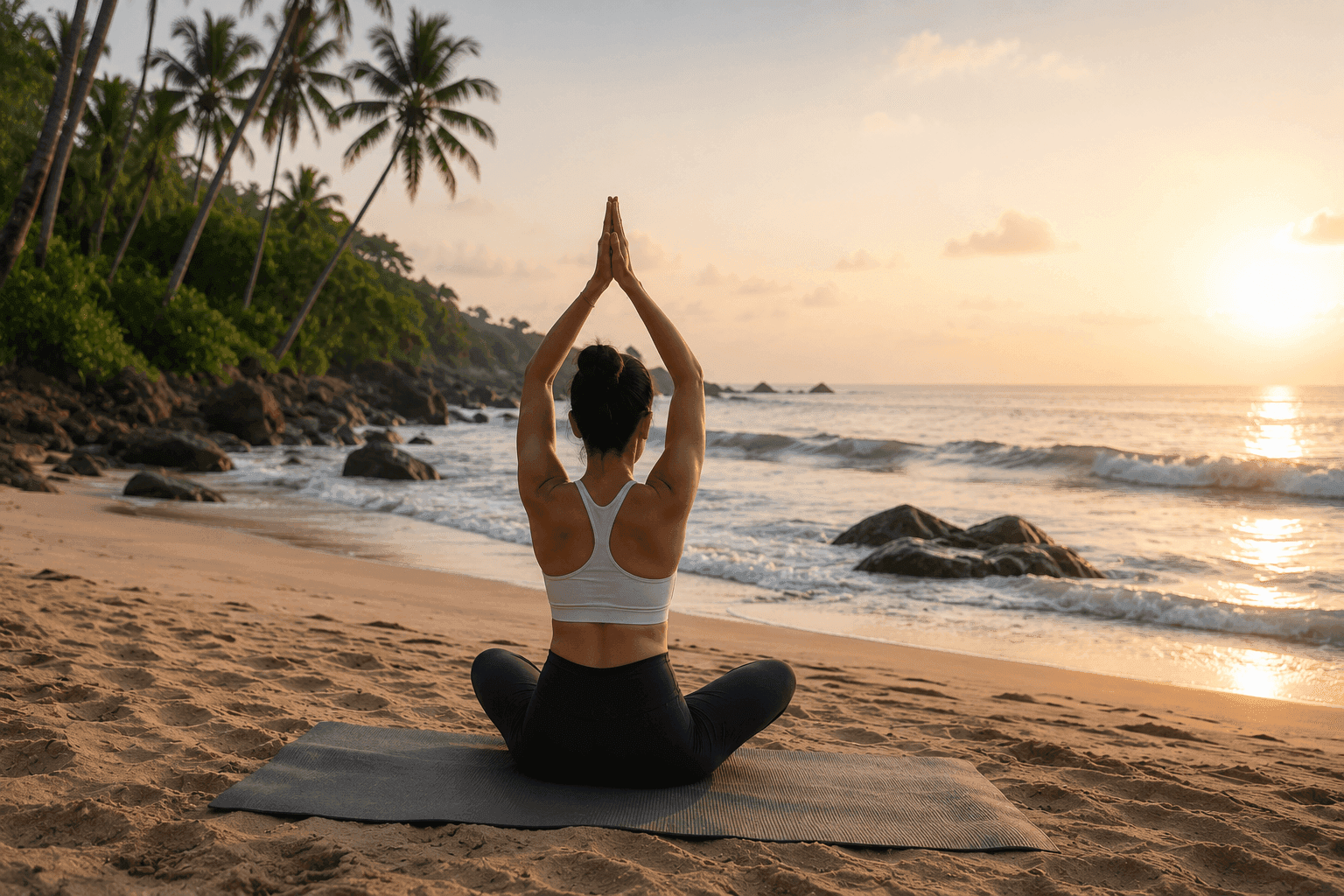 Two guests practising yoga on the beach at golden hour